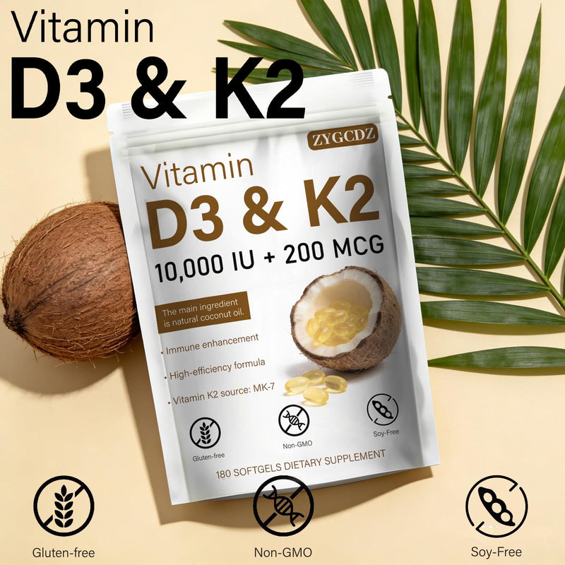 Vitamin D3 10000 IU with K2 MK-7 200 mcg Softgels, 180 Count | Supports Bone, Heart & Immune Health | Enhanced Absorption with Organic Coconut Oil, Non-GMO, Easy to Swallow Supplement (01) 1