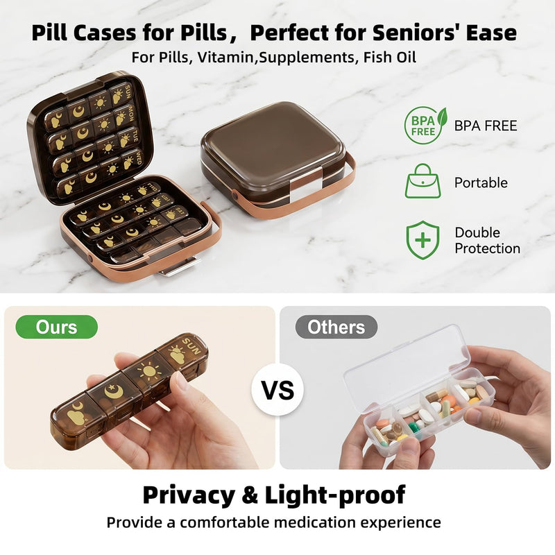 Weekly Pill Organizer 4 Times a Day, 32-Compartment Medicine Box with Moisture-Proof Sealed Lids, Privacy Protection Portable Vitamin Container for Travel Business Trip Elderly(Brown) Brown