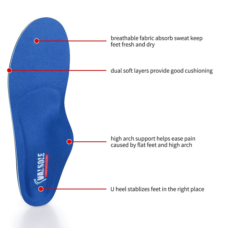 [Australia] - VALSOLE Orthopedic Insoles for Men and Women High Foot Support Soft Functional Shoe Insoles Insert for Flat Feet, Plantar Fasciitis, Foot Pain Dark Blue 44-45 EU 29cm 