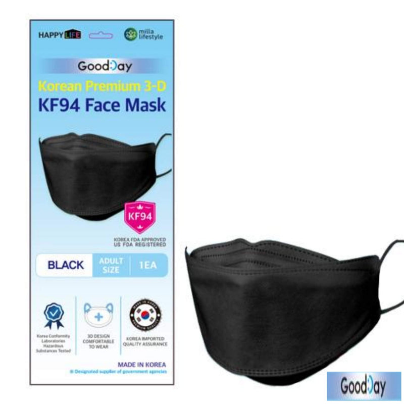 [Australia] - [Happy Life] Premium 3D Black KF94 Face Mask, Good Day, Individual Pack Made in Korea (24) 24 
