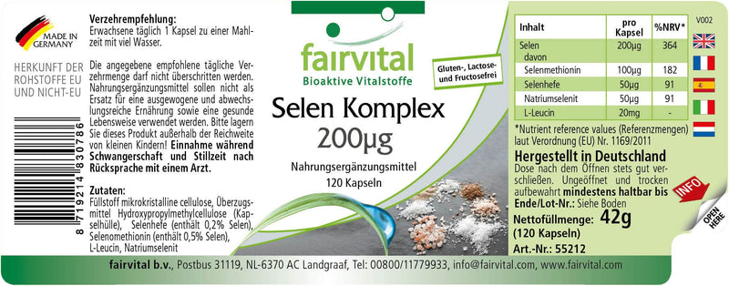 [Australia] - Fairvital | Selenium complex 200µg - 120 capsules - organic and inorganic selenium - selenium methionine, selenium yeast and sodium selenite - 100% vegan - quality tested and high dosage - Made in Germany 