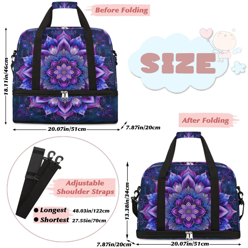 Travel Duffle Bags With Shoes Compartment for Women Men Purple Mandala Lightweigh Sports Tote Gym Bag Boho Flower Foldable Canvas Weekender Overnight Carry On Luggage Handle Bag B03:Purple Mandala