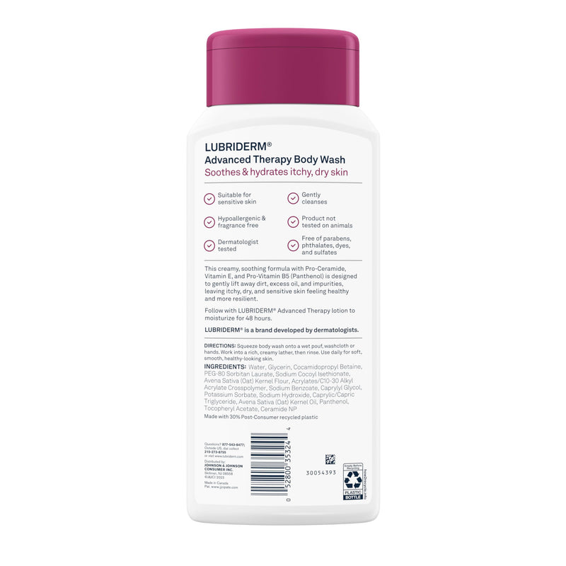 Lubriderm Advanced Therapy Unscented Body Wash, Vitamin E, 16 fl. Oz | Pro-Ceramide, Vitamin E & Pro-Vitamin B5, Gently Cleanses Itchy Dry Skin, Fragrance Free, Hypoallergenic Therapy Body Wash
