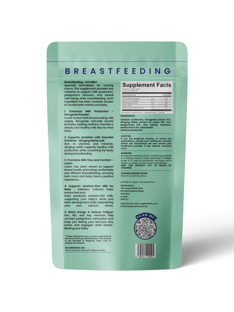 Breastfeeding Vitamins for New Moms – Supports Milk Supply, Lactation & Energy – Postnatal Supplement with Fenugreek, Stinging Nettle, Calcium, Iron, Zinc & B12 – 30 Capsules – 1 Month Supply 1 Month supply: 30 Capsules/Pack