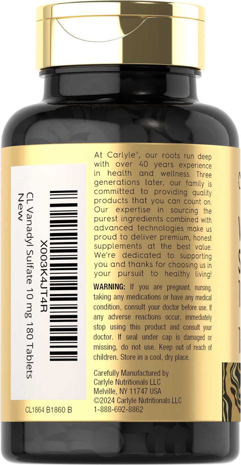 Carlyle Vanadyl Sulfate 10mg | 180 Tablet Capsules | with Chromium Picolinate | Vegetarian, Non-GMO, Gluten Free Supplement