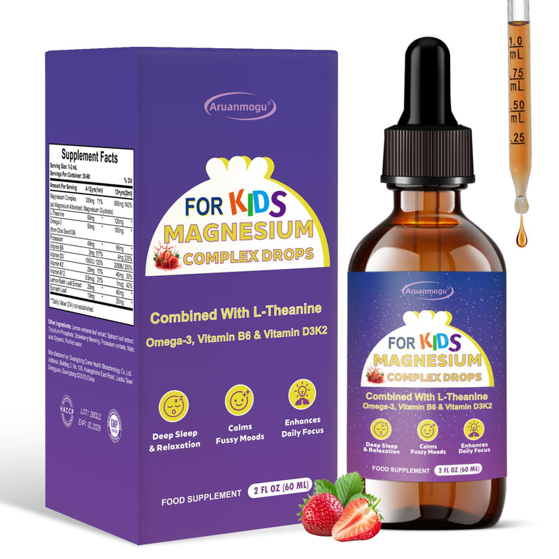 Kids Magnesium Complex Calm Drops | Magnesium Glycinate, L-Theanine, Omega-3, B6, D3K2 | Sleep, Mood & Focus Support | Strawberry Kids Supplement 60ml