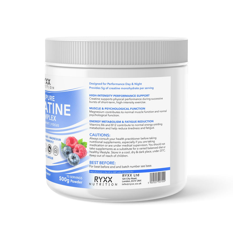 RYXX Tripure Creatine Complex 500g | 5g Creatine Monohydrate Powder with Magnesium, Vitamin B6 & B12 | Daily Performance, Muscle & Energy Support | Flavoured Creatine Powder