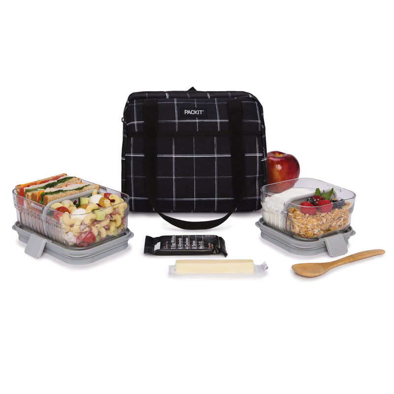 [Australia] - PackIt Freezable Hampton Lunch Bag, Black Grid, Built with EcoFreeze Technology, Collapsible, Reusable, Zip Closure with Front Pocket and Shoulder Straps, Perfect for Tweens and Adults 