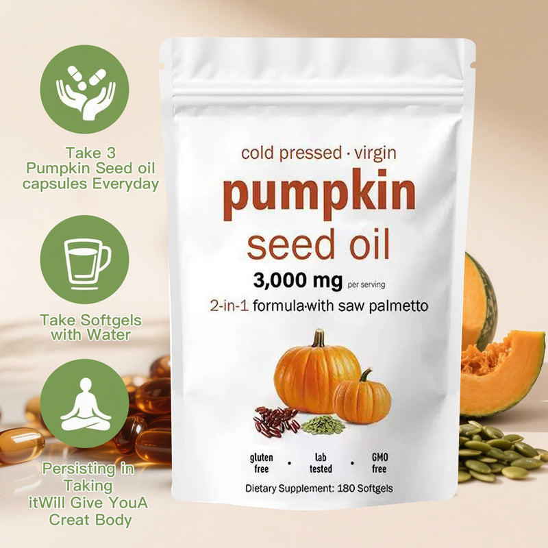 [Australia] - Pumpkin Seed Oil Capsules with Saw Palmetto – 3000mg per Serving, 180 Softgels | Cold Pressed, Pure Virgin Oil | Supports Hair, Urinary, Bladder & Prostate Health | Non-GMO 