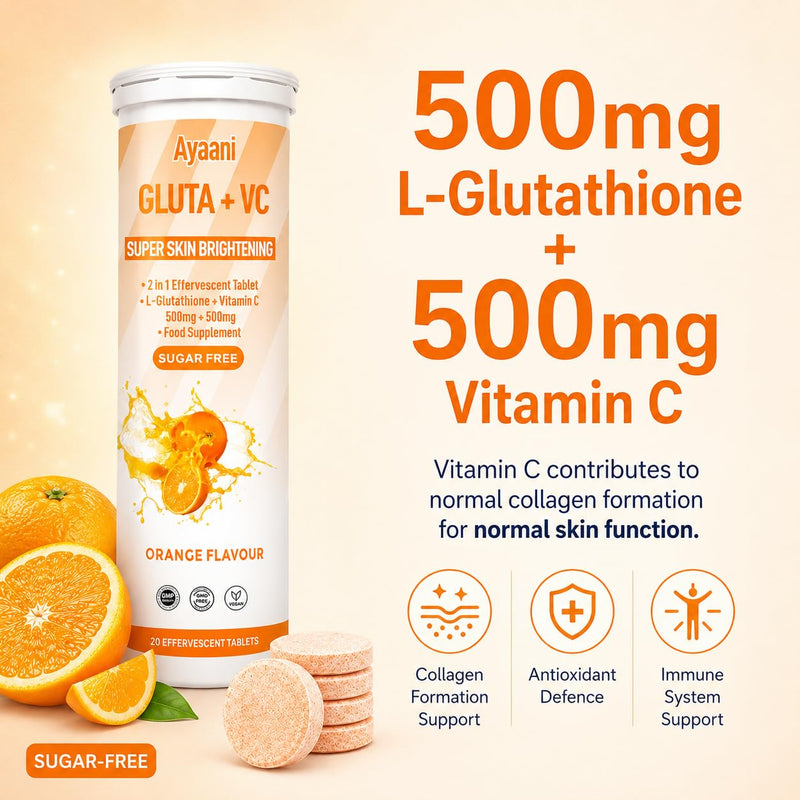Glow Orange — Glutathione 500mg + Vitamin C 500mg | Orange Beauty Drink for Skin Glow & Skin Brightening | Even Tone | Zero Sugar & No Fillers | Effervescent Tablets | 20 Count