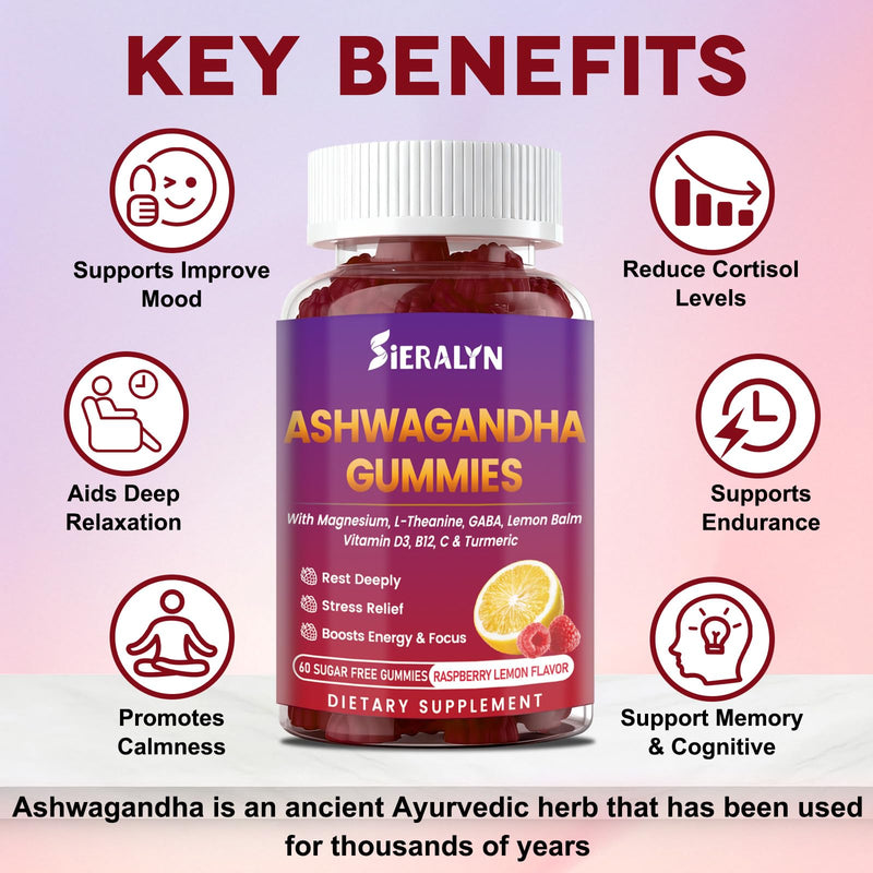 Ashwagandha Gummies Supplements 2000mg for Women Men, Vegan, Sugar-Free | Organic Ashwagandha Root Extract with D3, L-Theanine for Calm & Relax, Non-GMO, Gluten Free, 120 Count, 60-Day Supply 60 Count (Pack of 2)