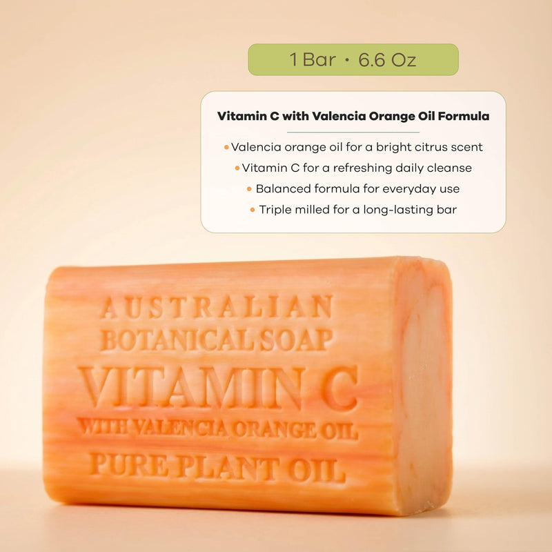 Australian Botanical Soap Vitamin C with Valencia Orange Oil 6.6 oz Triple Milled Luxury Soap Bar Enriched with Shea Butter, Suitable for Men, Women and All Skin Types, Pack of 1 6.6 Ounce (Pack of 1)
