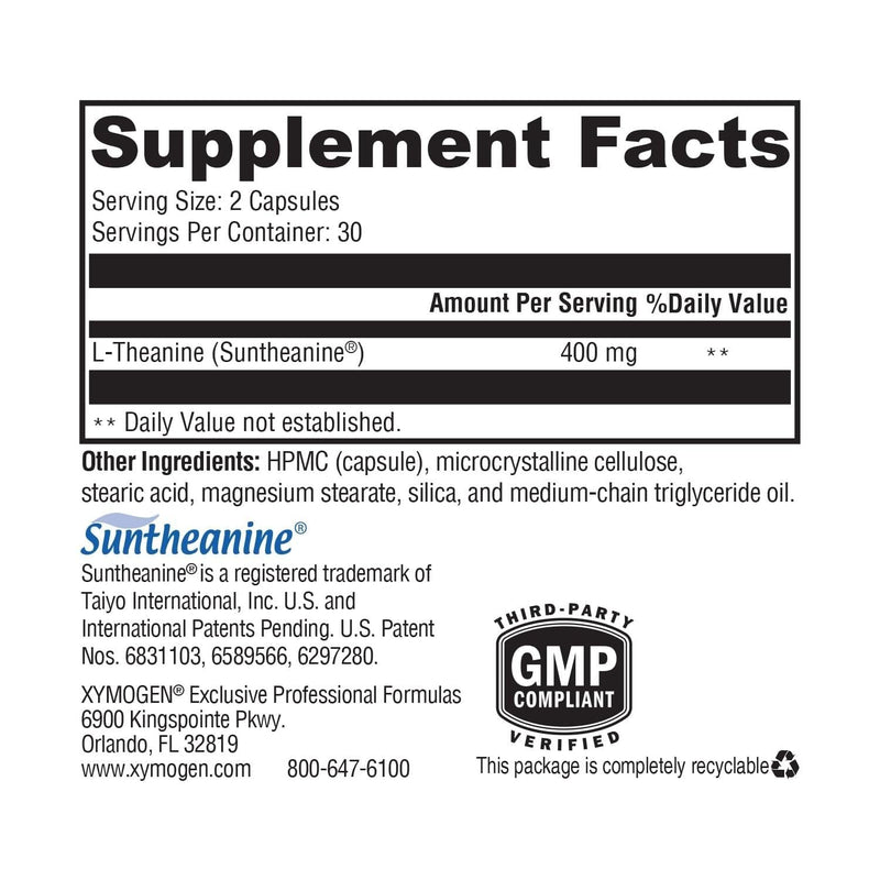 XYMOGEN L-Theanine - 400 mg as Suntheanine - Relaxation, Focus & Stress Support - Amino Acid Supplement - Non-Drowsy - Vegetarian, Non-GMO & Gluten-Free - 60 Capsules 60 Count (Pack of 1)