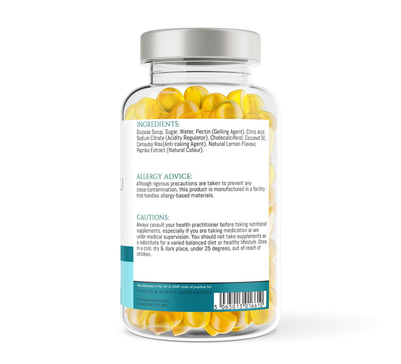 Vitamin D3 1000iu / 25μg - 12+ Years 150 x High Strength Lemon Flavour Gummies - 5 Months Supply - Vitamin D Supplement Teeth, Bone, Muscles & Immune System Support