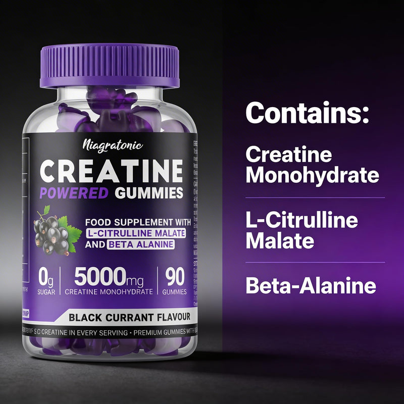 Creatine Gummies 5000mg High Strength | Creatine Monohydrate with L-Citrulline Malate & Beta-Alanine | 90 Sugar Free Vegan Gummies | 30 Day Supply | Blackcurrant Flavour