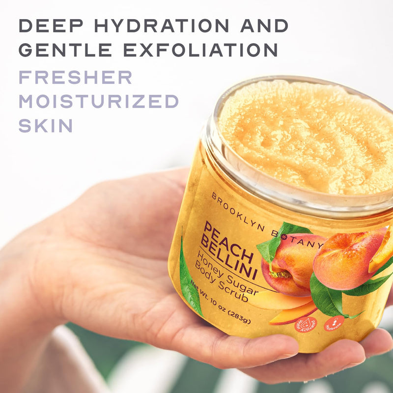 [Australia] - Brooklyn Botany Peach Bellini Honey Sugar Scrub for Body 10 oz – Deeply Hydrating and Gently Exfoliating Body Scrub for Women and Men – Moisturizing and Nourishing the Skin 10 Ounce (Pack of 1) 