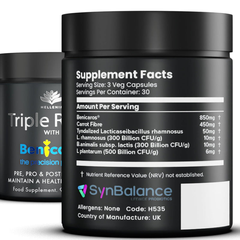 Tribiotic Capsules - Probiotics, Prebiotics & Postbiotics | Triple Rhamnosus with Patented Benicaros ® - 90 Capsules | Tribiotics Maintain a Healthy Gut Flora | GMP Certified Product, Made in The UK