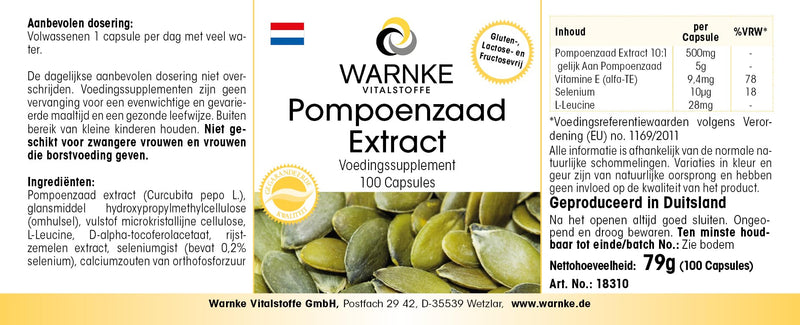 [Australia] - Pumpkin seed extract 500mg - 100 capsules - pumpkin seed plus vitamin E & selenium - high dosage | Warnke vital substances - German pharmacy quality 