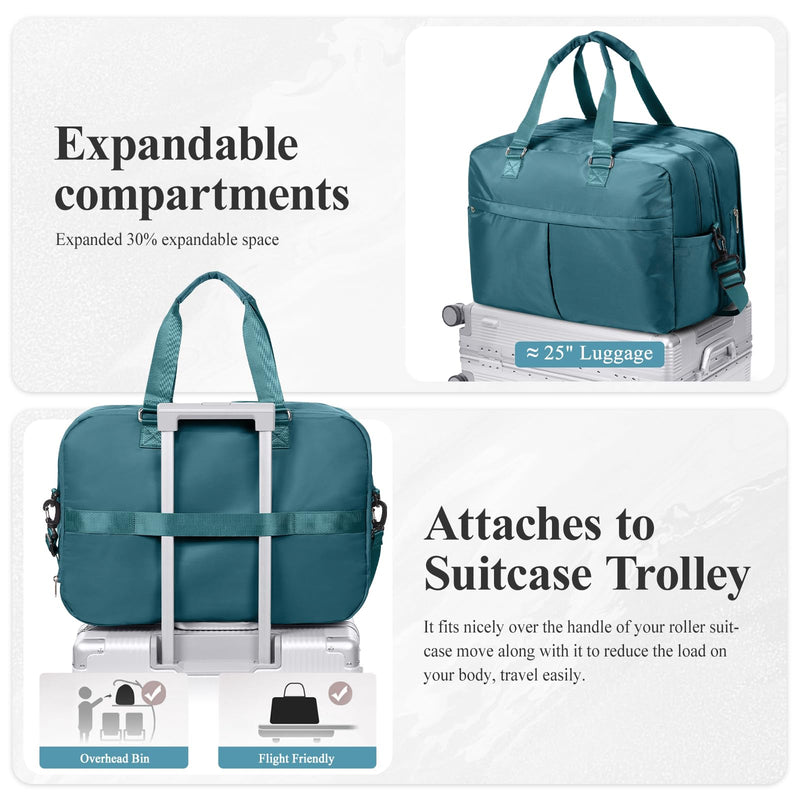 Expandable Personal Item Travel Duffle Bag Weekender Bag for Women Men, Overnight Hospital Carry On Bag with Toiletry Bag for Airplanes Travel Business Trips Sport, Peacock Blue