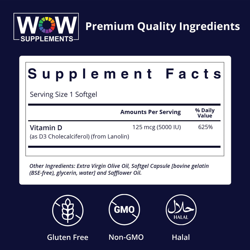 WOW Supplements Vitamin D3 5000 IU Softgels, 125 mcg - Vitamin D3 5000IU Supplement for Strong Bones and Immune Support - Non-GMO, Gluten Free Vitamin D 125 mcg - VIT D3 5000 IU Softgels - 120 Count