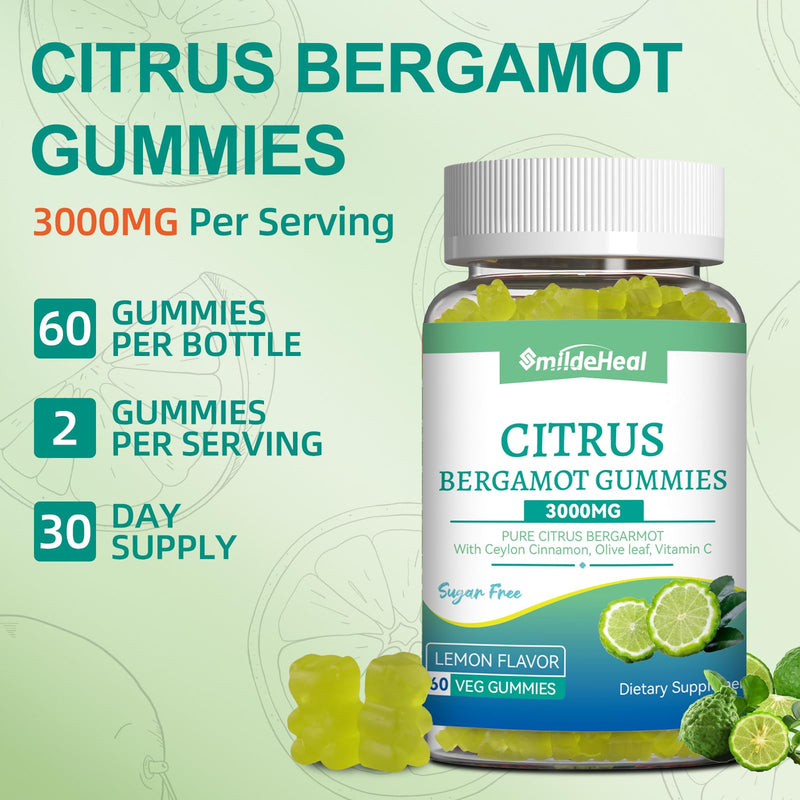 Citrus Bergamot Gummies 3000mg, Cholesterol Gummies, 60 Count | Bergamot Supplement for High Cholesterol, Cholesterol Lowering Supplement for Heart, Immune System & Anti-Aging, Sugar Free 1