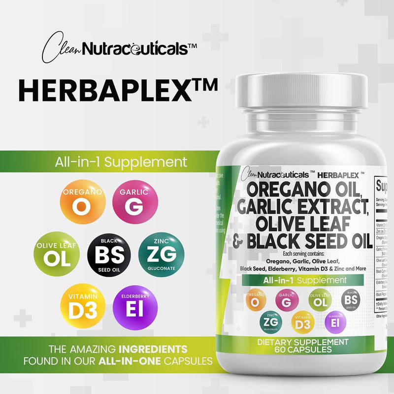 [Australia] - Oregano Oil 6000mg Garlic Extract 4000mg Olive Leaf 3000mg Black Seed Oil 3000mg - Immune Support & Digestive Health Supplement for Women and Men with Vitamin D3 and Zinc - 60 Caps 