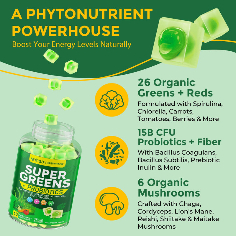 [Australia] - Organic Super Greens Daily Gummies + Probiotics, Spirulina, Chlorella, Spinach, Broccoli, Fiber, Fruits Veggies, Mushroom - Greens Powder Superfood Alternative, Natural Energy, Sugar Free Vegan, 60Cts 60 Count (Pack of 1) 