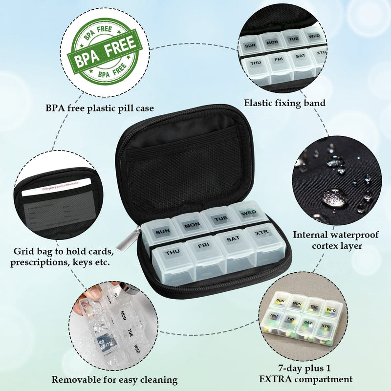 Serfeymi Weekly Travel Pill Organizer Pill Case for Purse with Removable 7 Day Pill Box, Fashionable Travel Medicine Organizer Pill Container for Medicine, Vitamin, Supplement - Black 03 + Pill Box 1 Case + 2 Boxes B. Black 03 + Pill Box