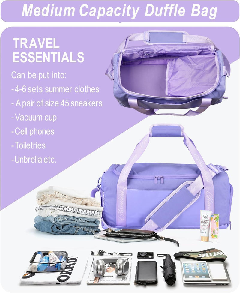24L Duffle Bag with Shoes Compartment,Overnight Weekender Travel Gym athletic Trainning duffel for Girl Women Water-proof & Tear Resistant light purple