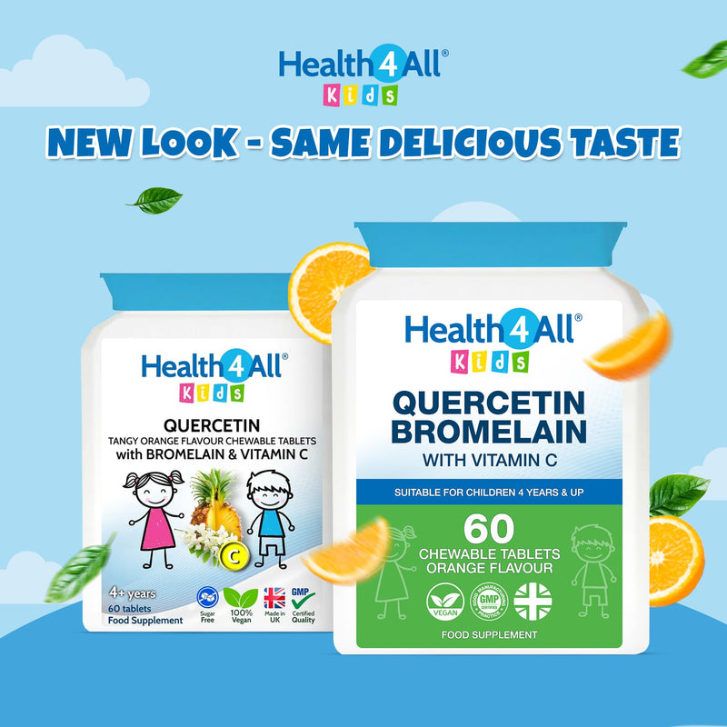 Health4All Kids Quercetin with Bromelain and Vitamin C, 60 Chewable Tablets, Vegan Natural Antihistamine Supplement, Inflammation Support, Sugar-Free Orange Flavour | Made in UK 60 count (Pack of 1)