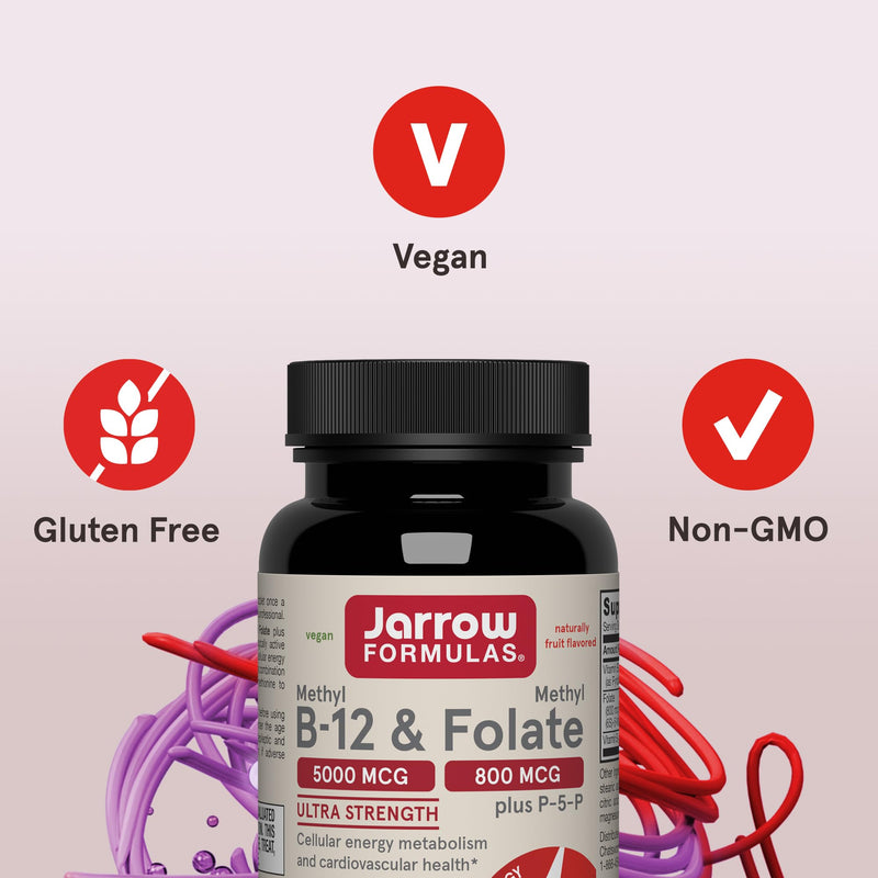Jarrow Formulas Methyl B-12 & Methyl Folate, Bioactive Vitamin B9 and Vitamin B12 Supplement, Supports Cellular Energy Production, Healthy Brain Function & Metabolism, 60 Chewable Tablets, 60 Servings | Bioactive Vitamin B12 & B9 Supplement, Supports C...