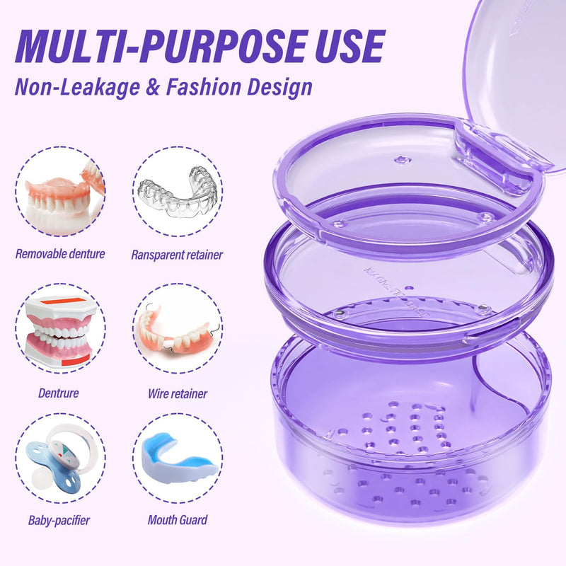 [Australia] - Denture Case, Denture Bath Box with Strainer Basket, 2 in 1 Retainer Case, No-Leak Denture Bath Box Cup, Complete Clean Care for Dentures, Clear Braces, Mouth Guard, Night Guard & Retainers-2pack Blue-Purple 