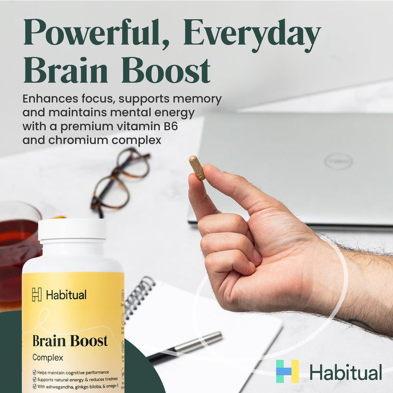 Habitual Brain Boost Complex | Nootropic Supplement with Ashwagandha, Ginkgo Biloba & Vegan Omega-3 | Focus, Memory & Mood Support | 7 B Vitamins, Zinc & Vitamin D | Vegan & Gluten-Free Capsules