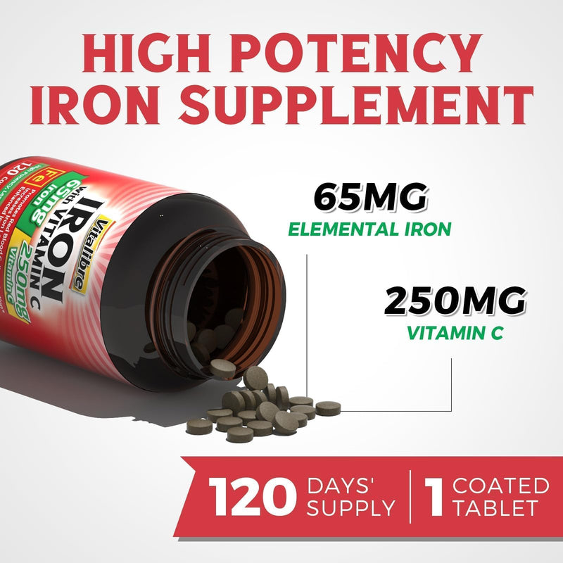 Iron Supplement, 65mg Carbonyl Iron with 250mg Vitamin C, 120 Vegan Tabs | Stomach Friendly Iron Pills, No Constipation, Non-GMO, No Gluten, 120 Count (Pack of 1)