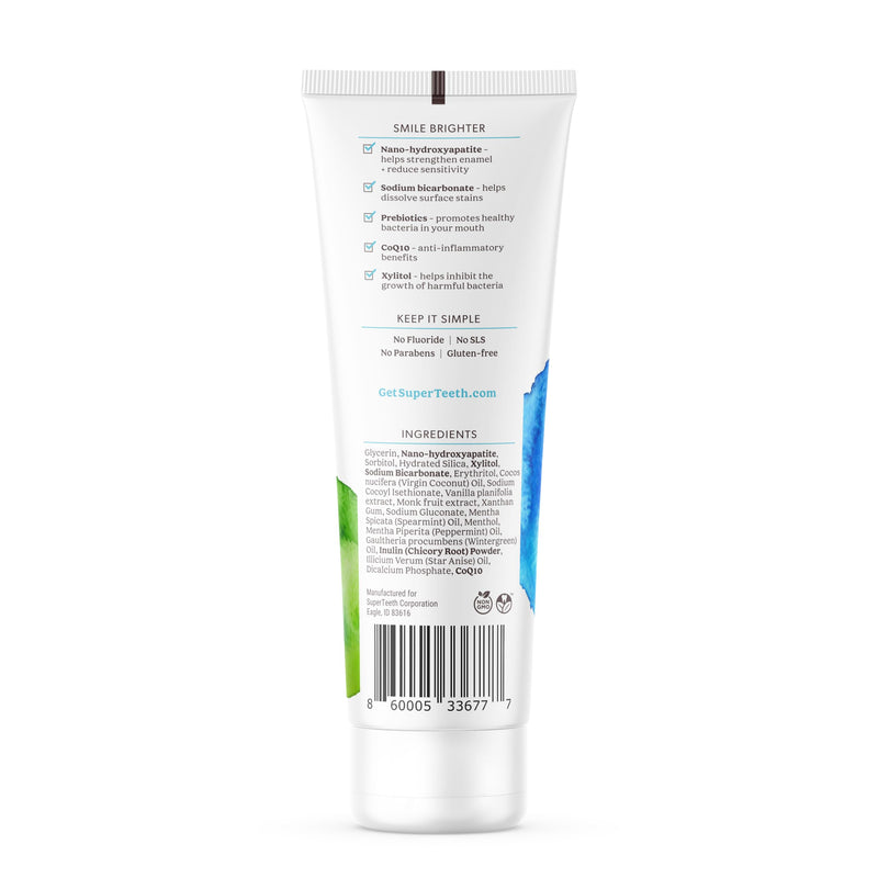 [Australia] - SuperTeeth Whitening Nano Hydroxyapatite (nHAp) Toothpaste for Adults & Kids | Sodium Bicarbonate | Fluoride-Free | Remineralizing | Xylitol | CoQ10 | Prebiotic | Mint | SLS-Free | Made in USA 