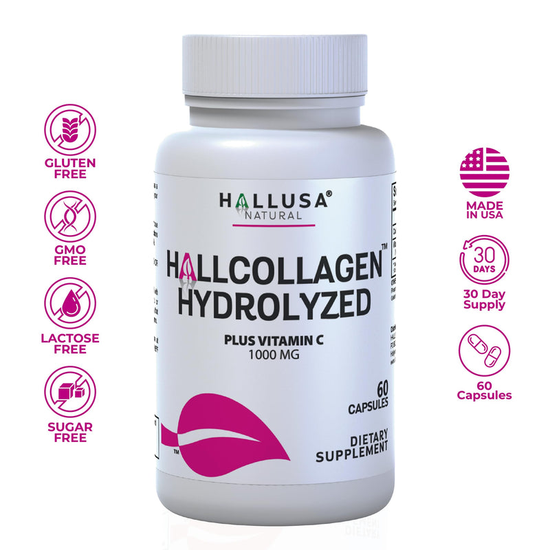 Hallusa Natural Hydrolyzed Collagen Capsules 1000mg with Vitamin C - Anti Aging Supplement for Skin, Hair, Nails & Joint Support - Cólageno hidrolizado - Pastillas de colágeno - 60 Capsules