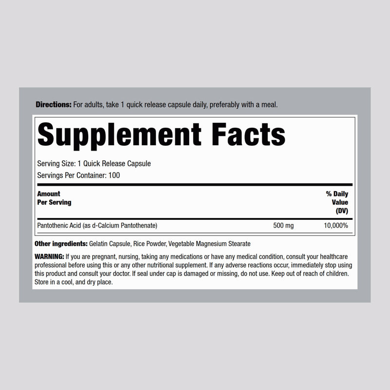 Piping Rock Pantothenic Acid 500mg | 100 Capsules | as Calcium d-Pantothenate | Non-GMO, Gluten Free Supplement