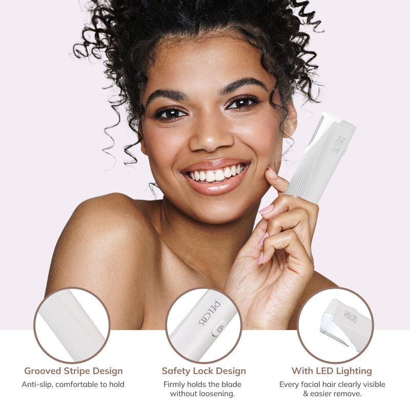[Australia] - PELCAS Electric Dermaplaning Tool for Face with LED Light, Mini Facial Dermaplaning Razor Kit, Painless 3 Speeds Facial Peach Fuzz & Hair Removal at Home for Women with 6 Blades Off White 