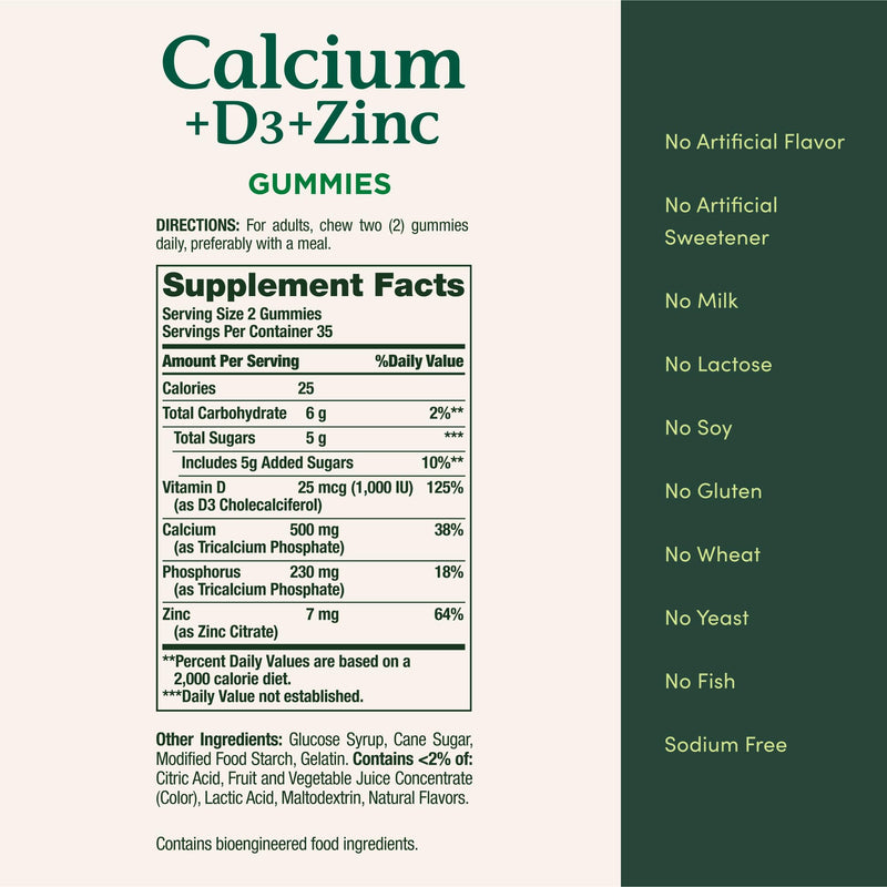 Nature's Bounty Calcium + D3 + Zinc Gummies, Supports Strong Bones & Teeth Plus a Healthy Immune System, 500mg, Orange and Cherry Flavored, 70 Gummies (Pack of 2) 70 Count (Pack of 2)
