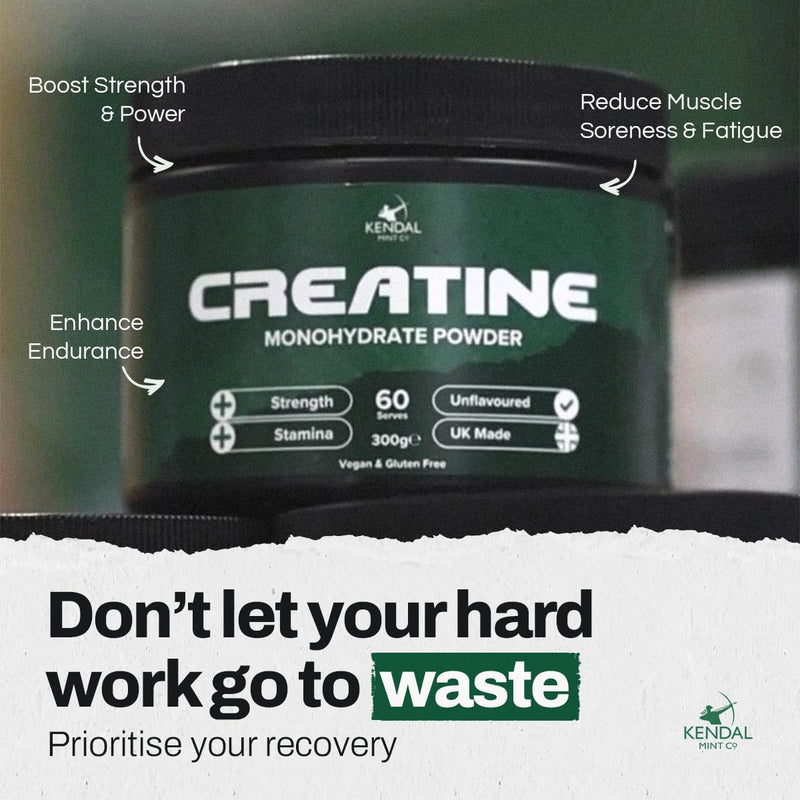 KMC Creatine Monohydrate Powder, 100% Pure UK Made, 300g, 60 Servings, 5g serving, Unflavoured, Easy Mix, Vegan Gluten Free -Supplement for performance, strength workouts & cognition by Kendal Mint Co