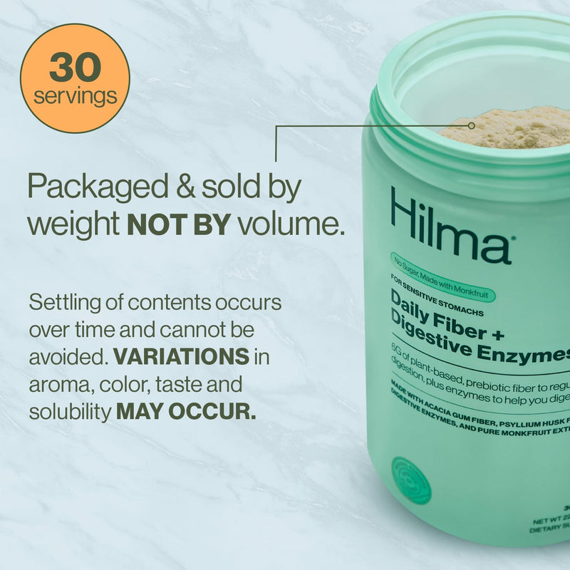 [Australia] - Hilma Daily Fiber and Digestive Enzymes, Fiber Supplement Powder with Prebiotics and Enzymes Formulated with Psyllium Husk and Acacia, Gluten Free, Vegan, FSA Eligible, Digestive Support, 30 Servings Powder - 30 Servings 