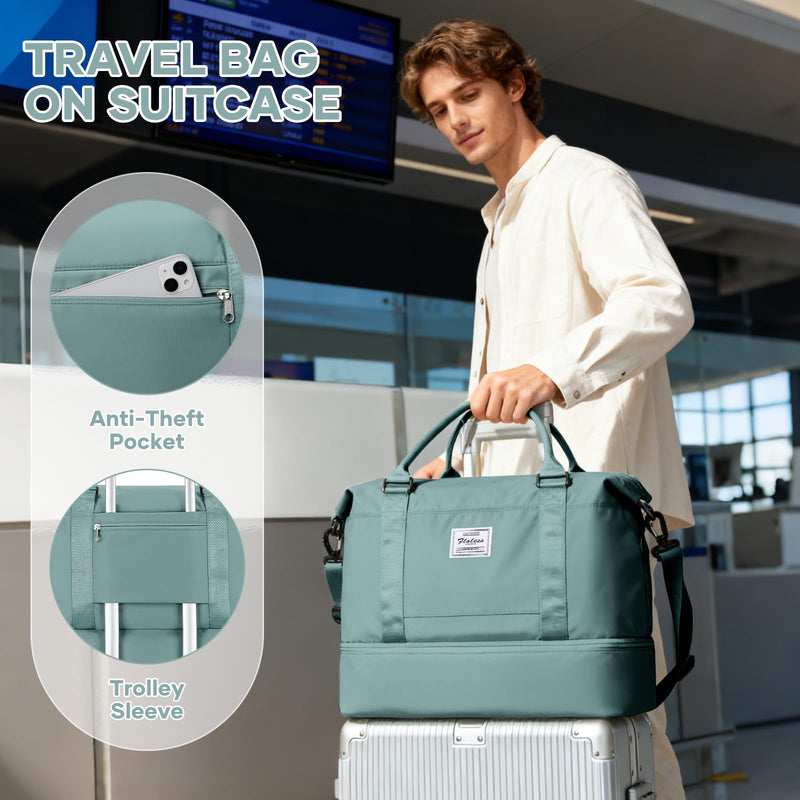 Travel Duffel Weekender Bag Women Tote Carry On Bags With Shoe Compartment | 18x14x8 inches Travel Overnight Bags with Trolley Sleeve for Airplanes Sport Tote Gym for Men Lightweight Daypack LightBlue.