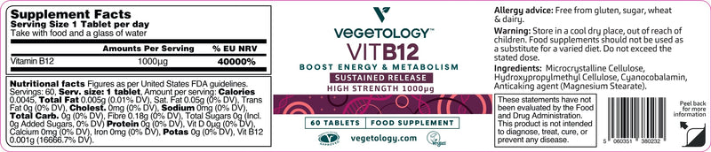 Vegetology Vegan Vitamin B12 1000 mcg - Sustained Release Tablets - Supports Normal Energy Metabolism & Nervous System Function - 60 Vegan Tablets, Made in The UK