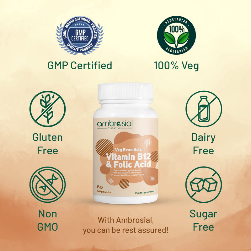 Ambrosial Vitamin B12 1000 mcg and Folic Acid 500 mcg | High Strength B12 (Cyanocobalamin) and Folic Acid Capsules | Vegan, Non-GMO, Easy to Swallow | Pack of 2-120 Capsules