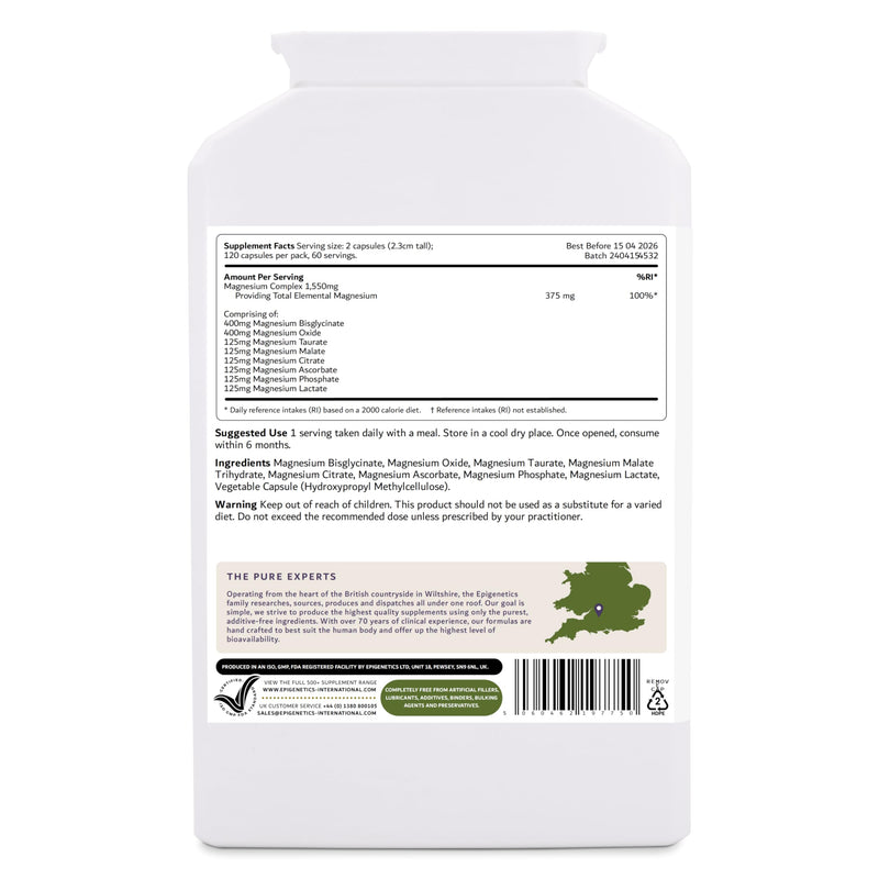 Magnesium Complete 8-in-1 | Pure 375mg Elemental Magnesium Per 2 Capsules (2-Month Supply) | No Stearates or Additives | 120 Vegan Capsules UK Made
