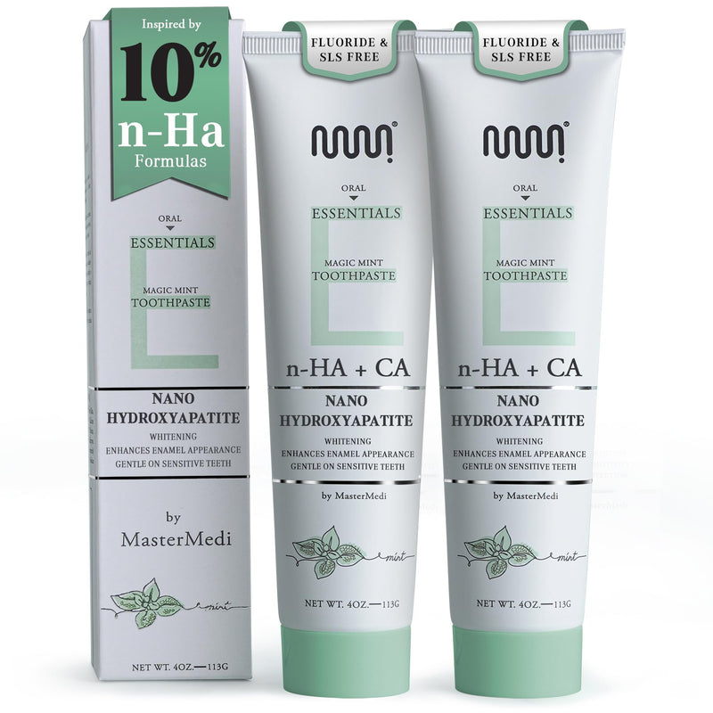 MasterMedi Nano Hydroxyapatite Toothpaste (Inspired by 10% nHA Formulas), Fluoride-Free, Whitening, Sensitive Teeth Care, Enamel Support, SLS Free, Xylitol, Magic Mint, 4 Oz (Pack of 2) A - Magic Mint (Pack of 2)