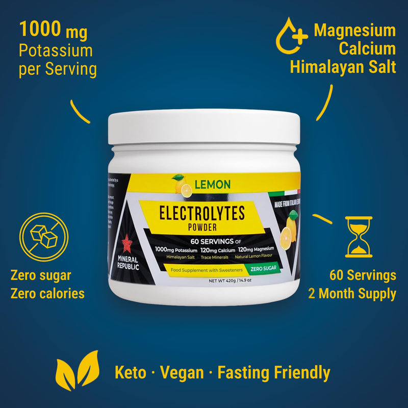 Electrolyte Powder – Sugar-Free Lemon Hydration Drink Mix – 60 Servings (2-Month Supply) – 1000mg Potassium with Magnesium, Calcium & Himalayan Salt – Keto, Vegan & Fasting Friendly