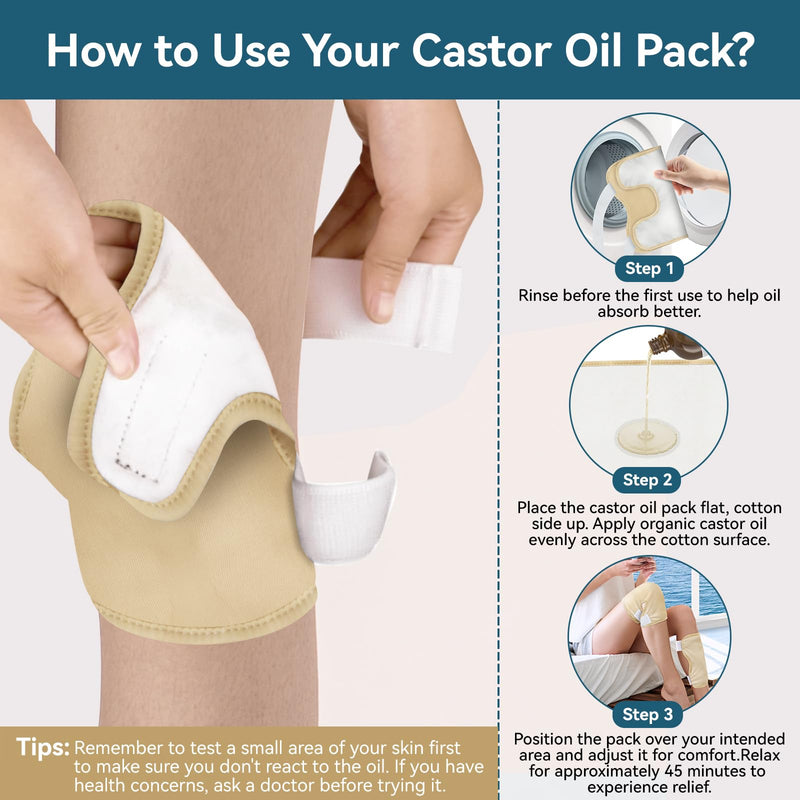 [Australia] - 2 Pack Castor Oil Pack Wrap, Castor Oil Wrap for Knee Elbow Arm& Thigh, Reusable & Washable Organic Cotton Patch, Castor Oil Compress Pads with Adjustable Velcro Elastic Strap 2pcs Castor Oil Wrap 