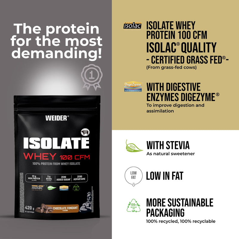 Weider Isolate Whey 100CFM (420g) Chocolate Flavour, Protein 100% Isolate Whey from Isolac®, 23g Protein/Portion, with Digestive Enzymes Digezyme®, No Added Sugar, No Aspartame, Low Fat, 14 Servings CHOCOLATE FONDANT 420g