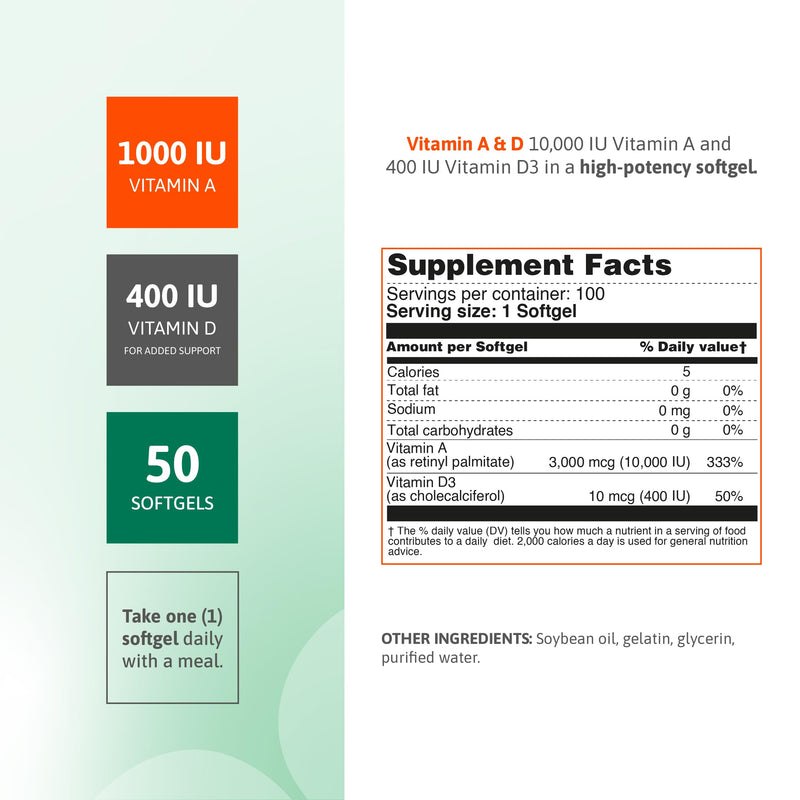 [Australia] - Nutra Vitamin A 10,000 IU & Vitamin D3 400 IU ‚Äì High Potency Softgel Supplement ‚Äì 100 Softgels ‚Äì 100-Day Supply ‚Äì Daily A & D Formula with Retinyl Palmitate & Cholecalciferol 